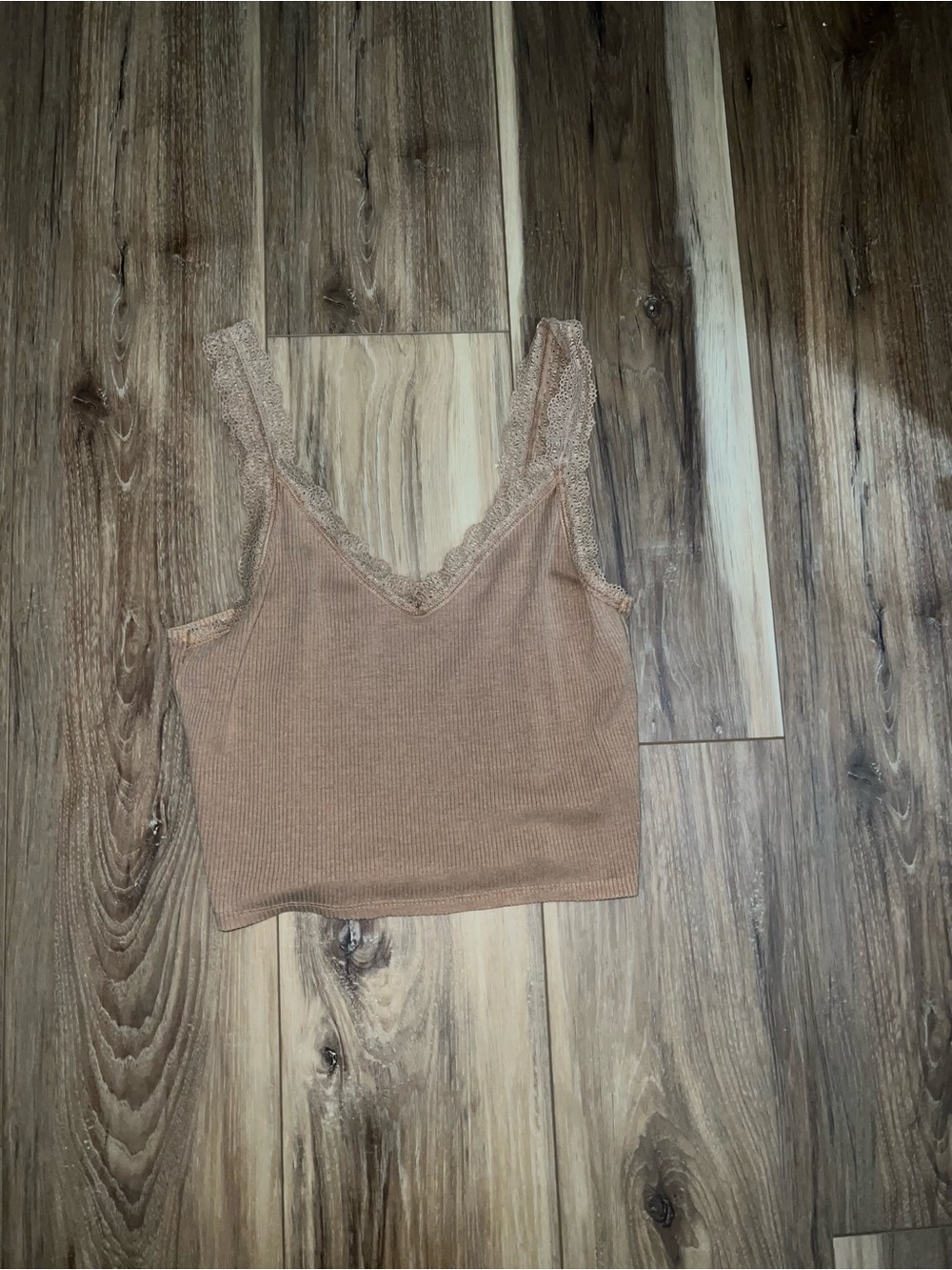 American Eagle Outfitters Ribbed Lace-Trim Tank Top in Light Brown